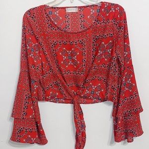 Altar’d State Bell Sleeve Boho Cropped Tie Blouse